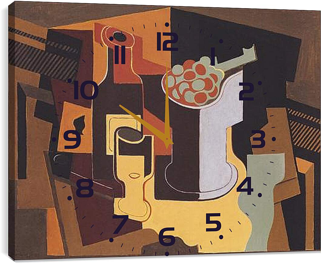 Часы картина - Flasche und Obstschale. Хуан Грис