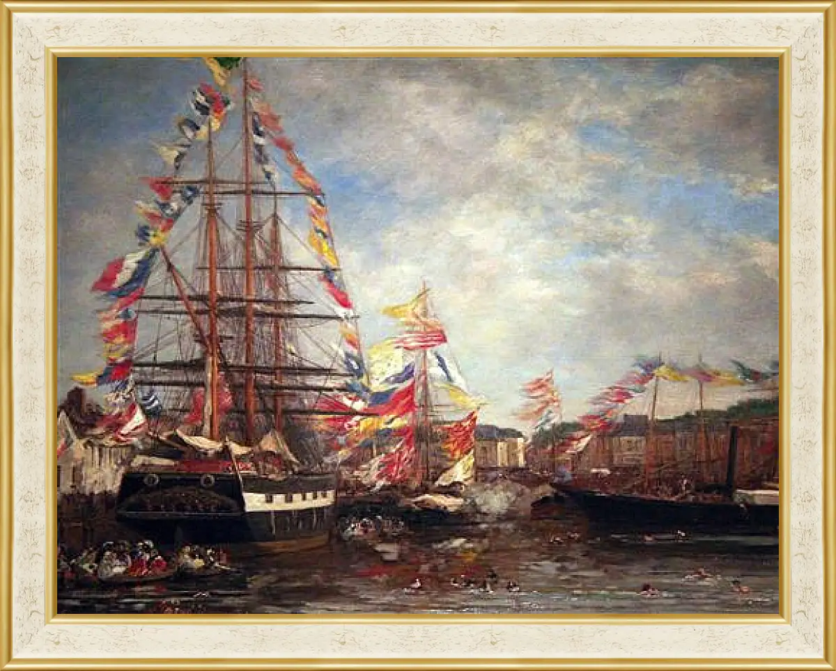 Картина в раме - Festival in the Harbor of Honfleur. Эжен Буден