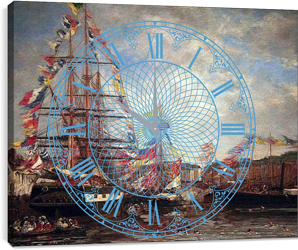 Часы картина - Festival in the Harbor of Honfleur. Эжен Буден