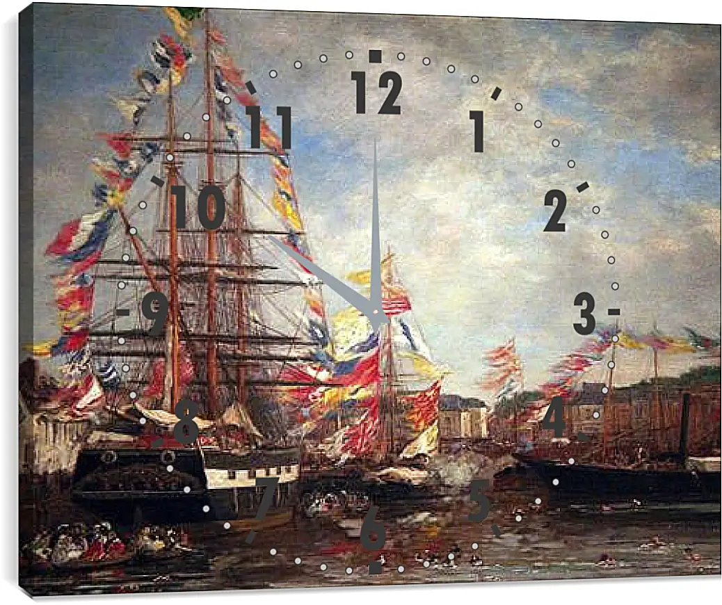 Часы картина - Festival in the Harbor of Honfleur. Эжен Буден