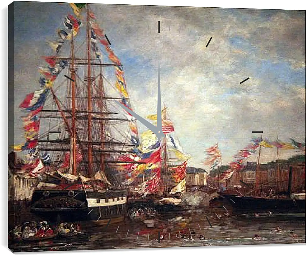 Часы картина - Festival in the Harbor of Honfleur. Эжен Буден