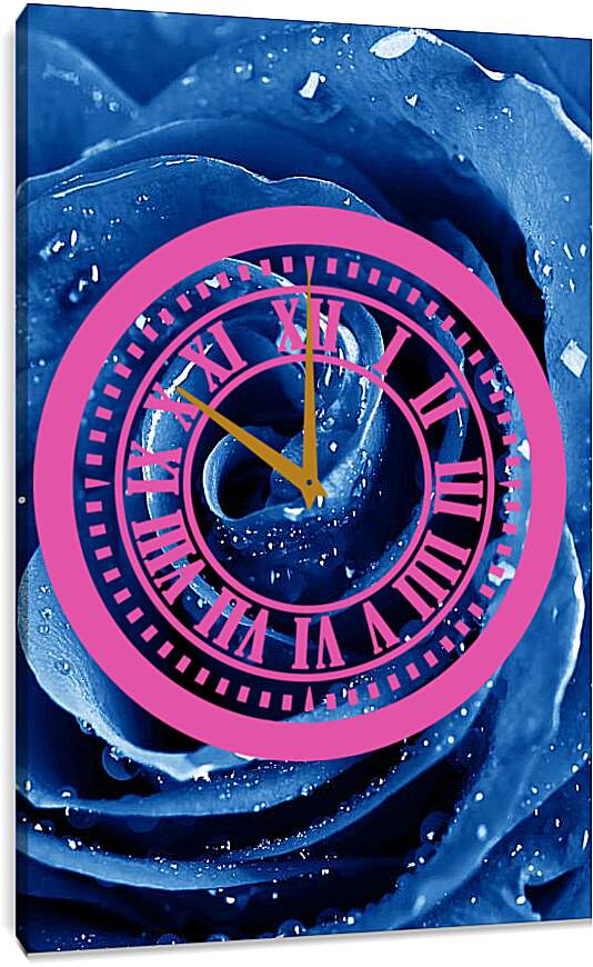 Часы картина - Синяя роза в каплях воды