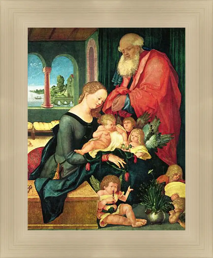 Картина в раме - Hl. Familie im Gemach mit funf Engeln. Ханс Бальдунг