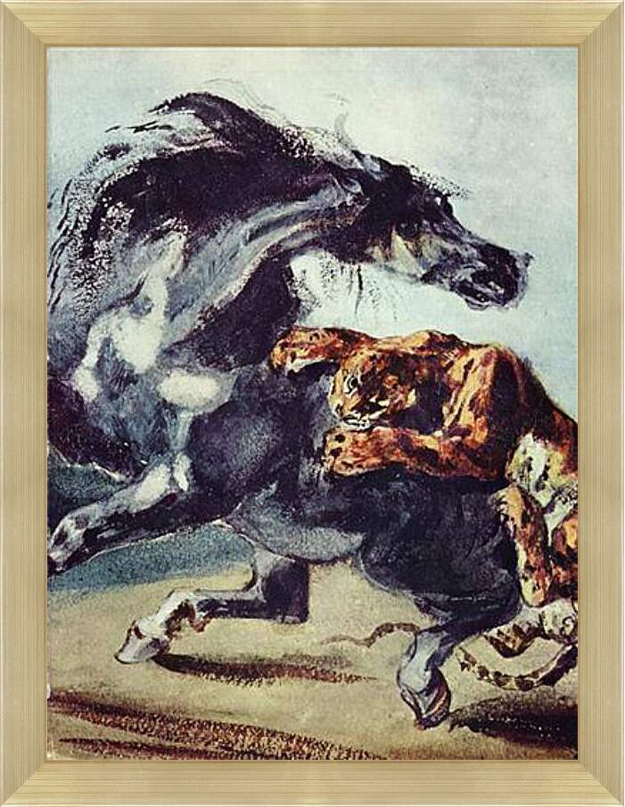 Картина в раме - Tiger greift ein Pferd an. Эжен Делакруа