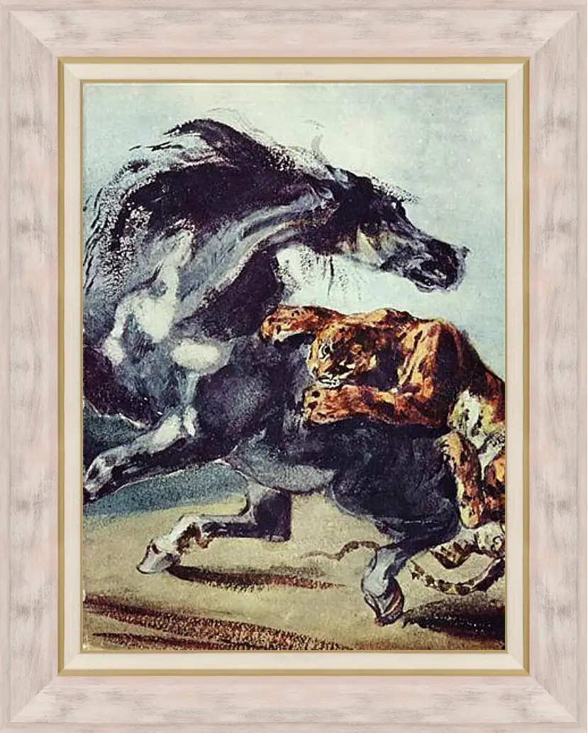 Картина в раме - Tiger greift ein Pferd an. Эжен Делакруа