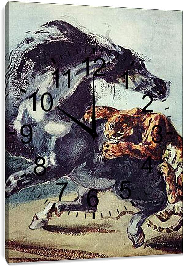 Часы картина - Tiger greift ein Pferd an. Эжен Делакруа