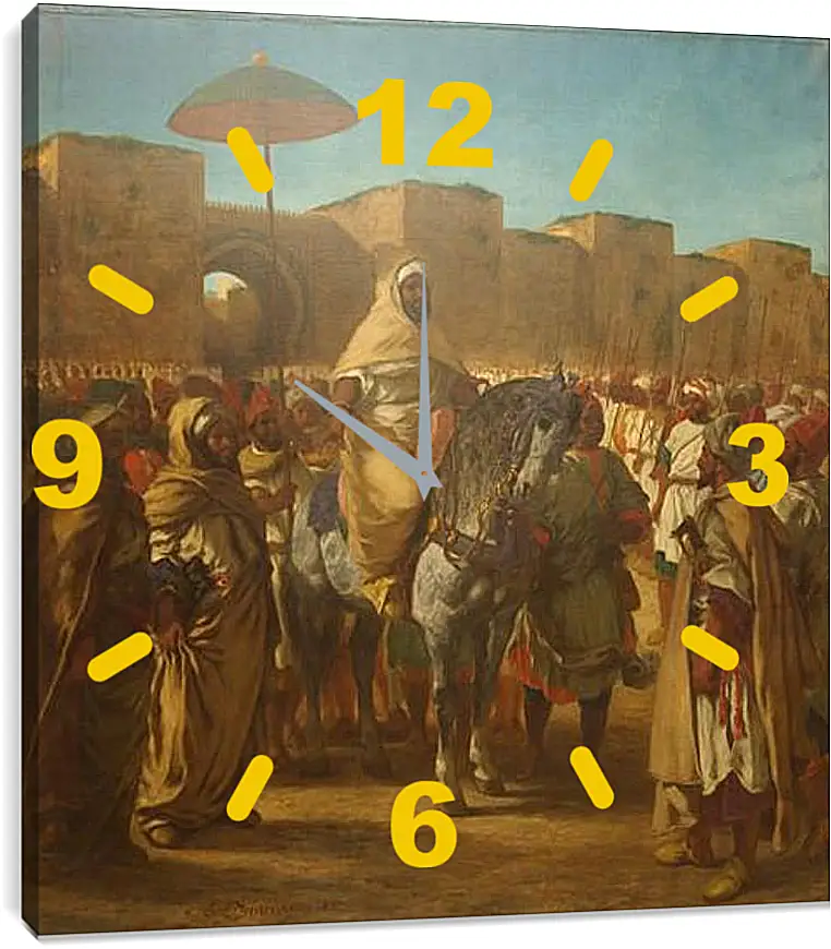 Часы картина - Maulay abd-er-Rahman, sultan du Maroc, sortant de son palais de Maknes, entoure de sa garde et de ses principaux officiers. Эжен Делакруа