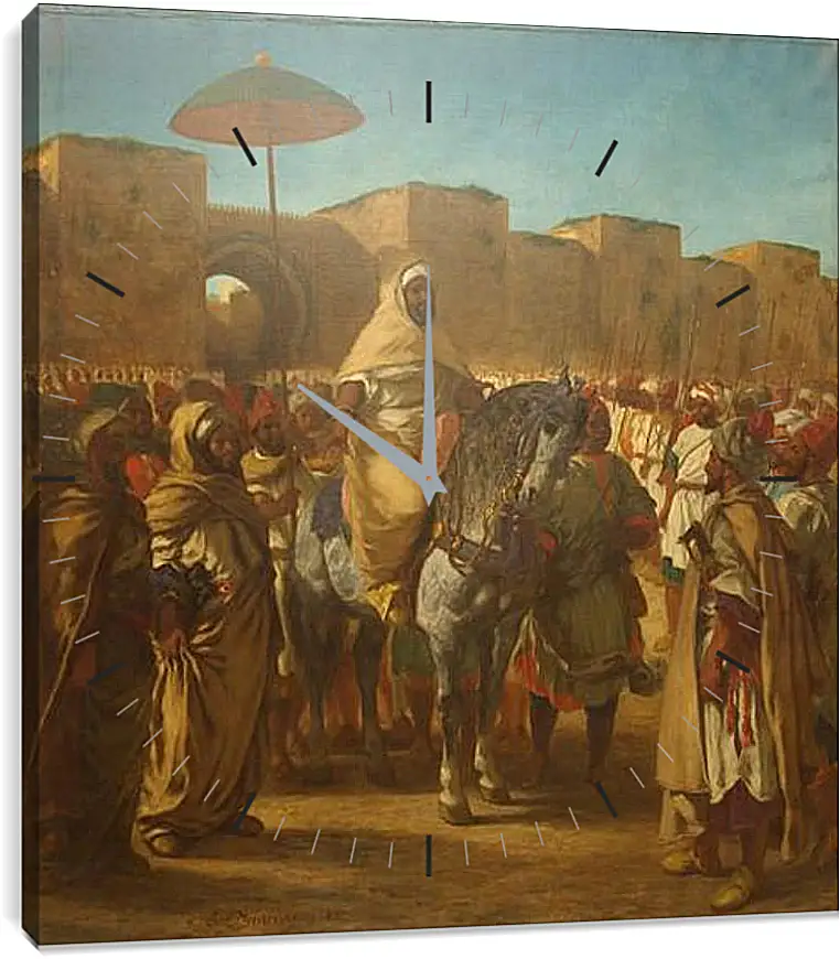 Часы картина - Maulay abd-er-Rahman, sultan du Maroc, sortant de son palais de Maknes, entoure de sa garde et de ses principaux officiers. Эжен Делакруа