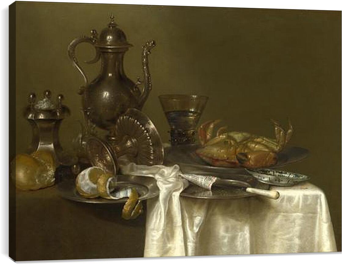 Постер и плакат - Still Life: Pewter and Silver Vessels and a Crab. Натюрморт - оловянная посуда, серебряные сосуды и краб. Виллем Клас Хеда