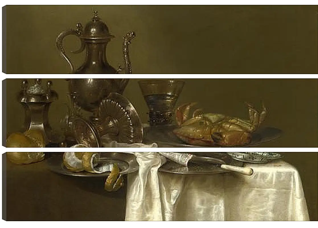 Модульная картина - Still Life: Pewter and Silver Vessels and a Crab. Натюрморт - оловянная посуда, серебряные сосуды и краб. Виллем Клас Хеда