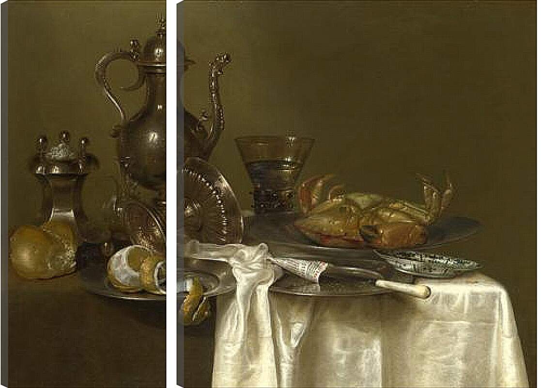 Модульная картина - Still Life: Pewter and Silver Vessels and a Crab. Натюрморт - оловянная посуда, серебряные сосуды и краб. Виллем Клас Хеда