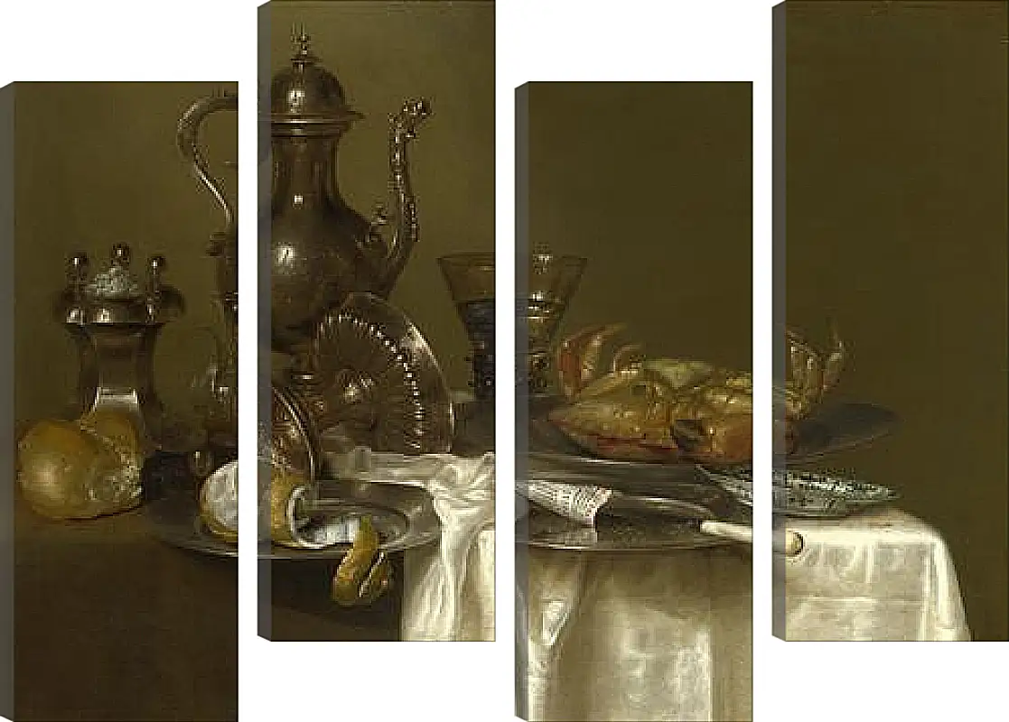 Модульная картина - Still Life: Pewter and Silver Vessels and a Crab. Натюрморт - оловянная посуда, серебряные сосуды и краб. Виллем Клас Хеда