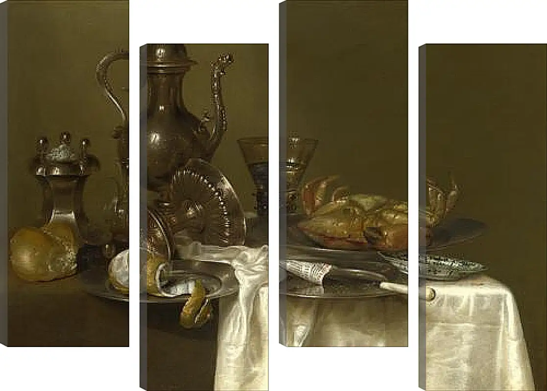 Модульная картина - Still Life: Pewter and Silver Vessels and a Crab. Натюрморт - оловянная посуда, серебряные сосуды и краб. Виллем Клас Хеда