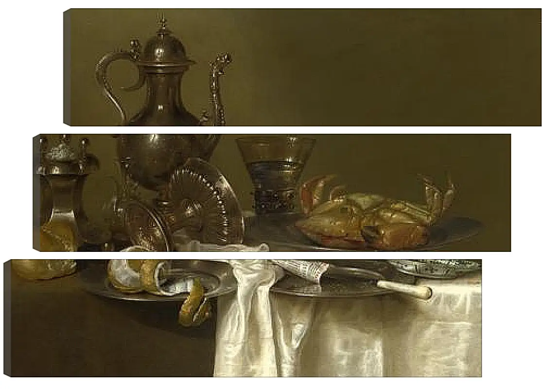 Модульная картина - Still Life: Pewter and Silver Vessels and a Crab. Натюрморт - оловянная посуда, серебряные сосуды и краб. Виллем Клас Хеда