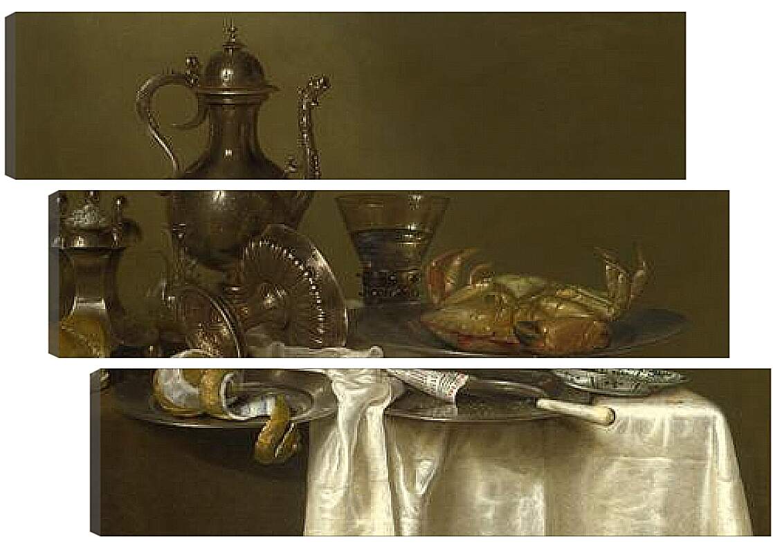 Модульная картина - Still Life: Pewter and Silver Vessels and a Crab. Натюрморт - оловянная посуда, серебряные сосуды и краб. Виллем Клас Хеда