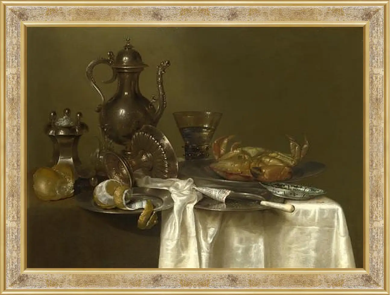 Купить картину - Still Life: Pewter and Silver Vessels and a Crab.  Натюрморт - оловянная посуда, серебряные сосуды и краб. Виллем Клас Хеда.  Код: 71430-AV [Художники классические]