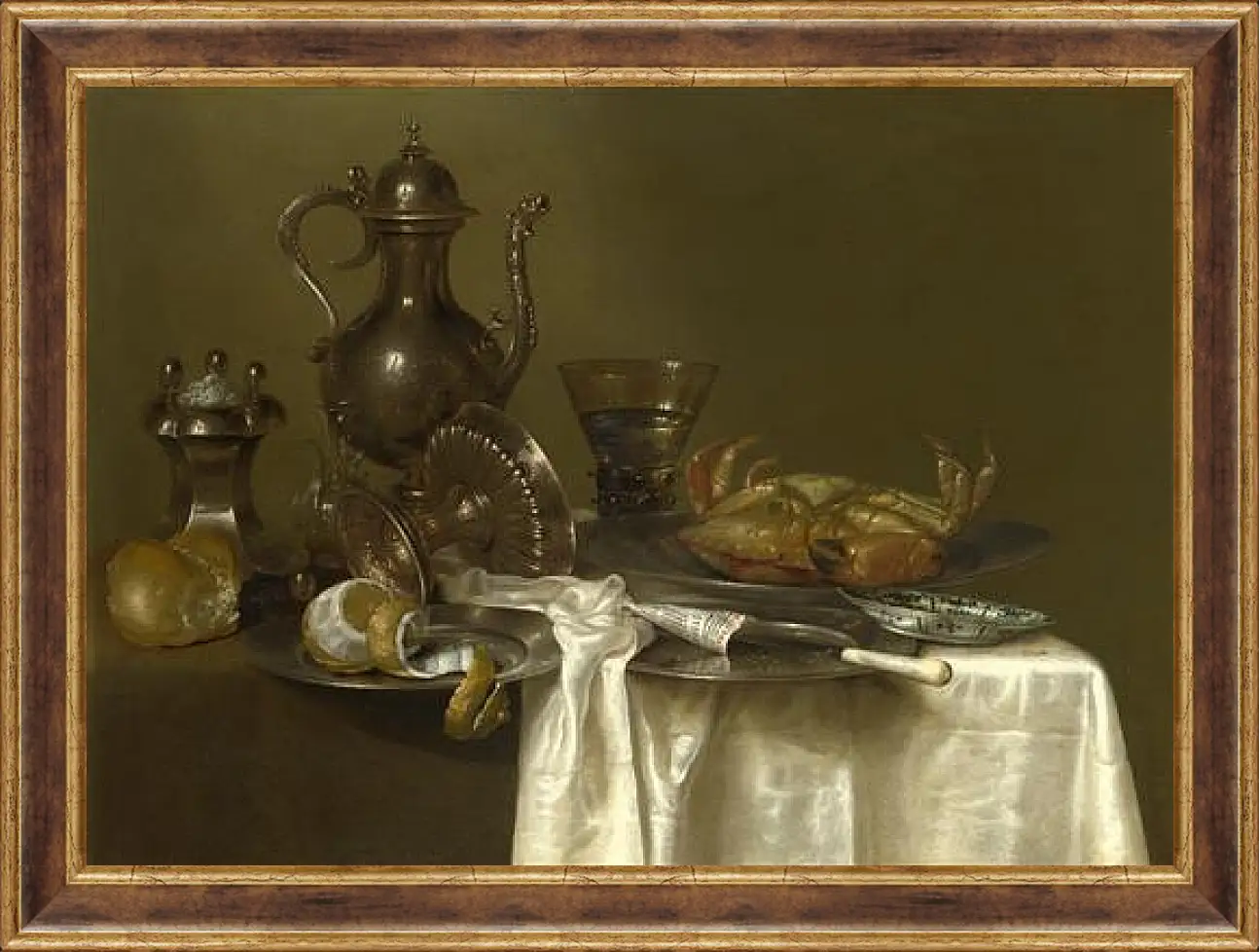 Картина в раме - Still Life: Pewter and Silver Vessels and a Crab. Натюрморт - оловянная посуда, серебряные сосуды и краб. Виллем Клас Хеда