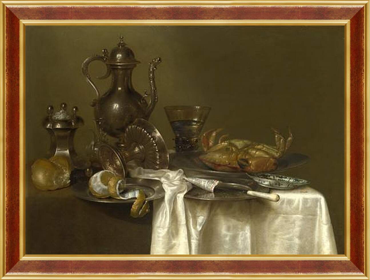 Картина в раме - Still Life: Pewter and Silver Vessels and a Crab. Натюрморт - оловянная посуда, серебряные сосуды и краб. Виллем Клас Хеда