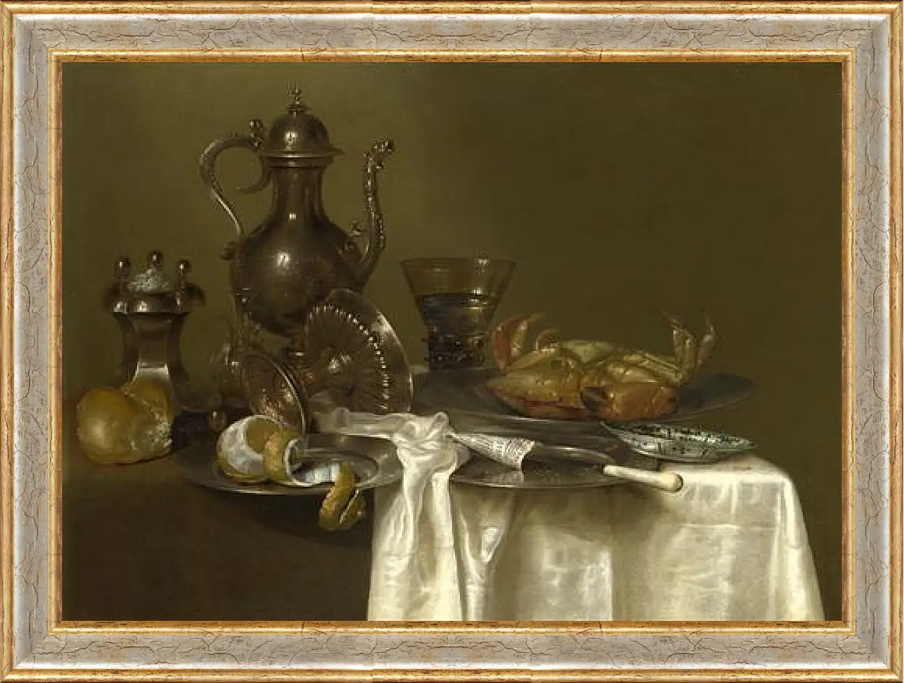 Картина в раме - Still Life: Pewter and Silver Vessels and a Crab. Натюрморт - оловянная посуда, серебряные сосуды и краб. Виллем Клас Хеда