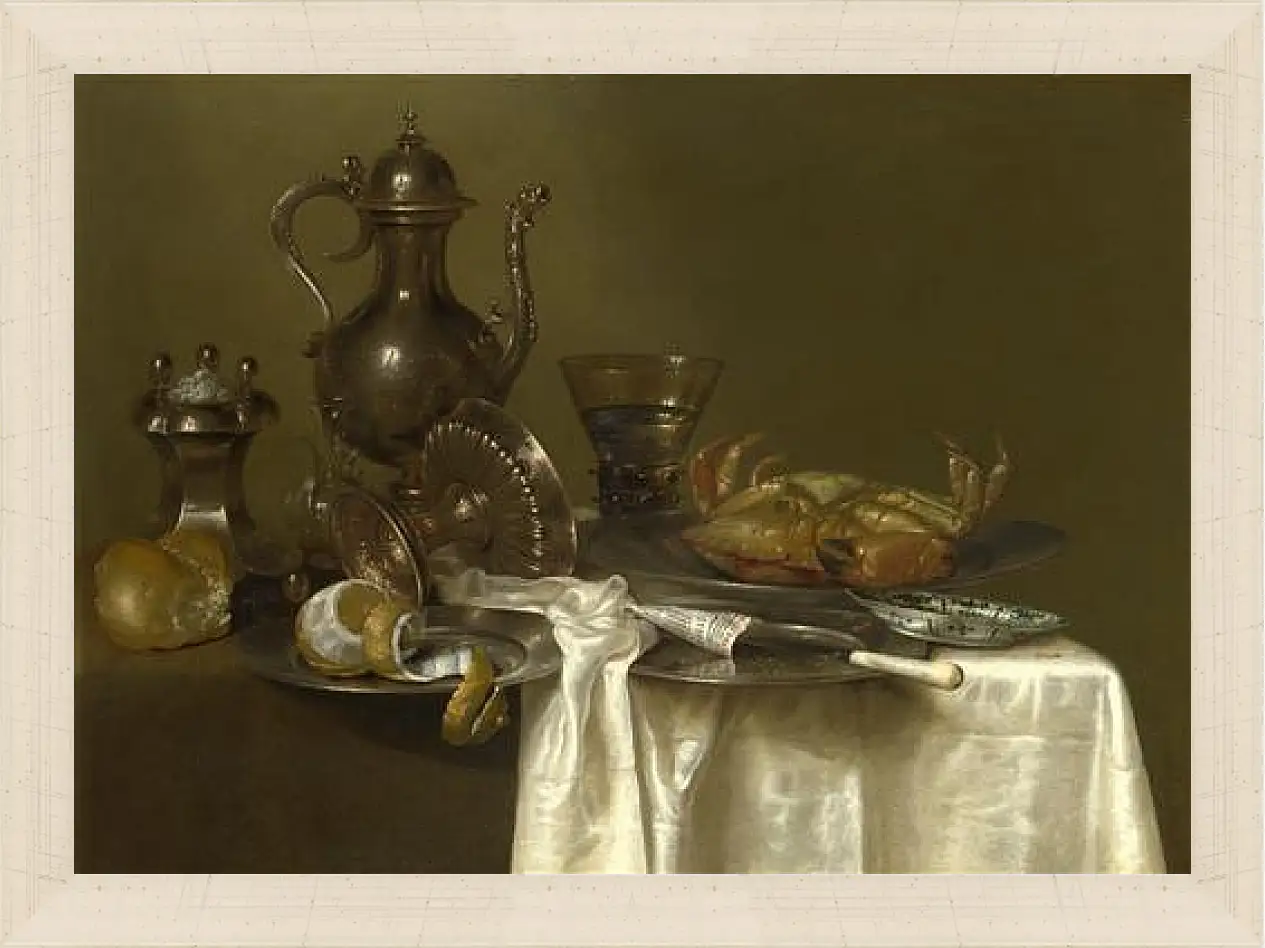 Картина в раме - Still Life: Pewter and Silver Vessels and a Crab. Натюрморт - оловянная посуда, серебряные сосуды и краб. Виллем Клас Хеда