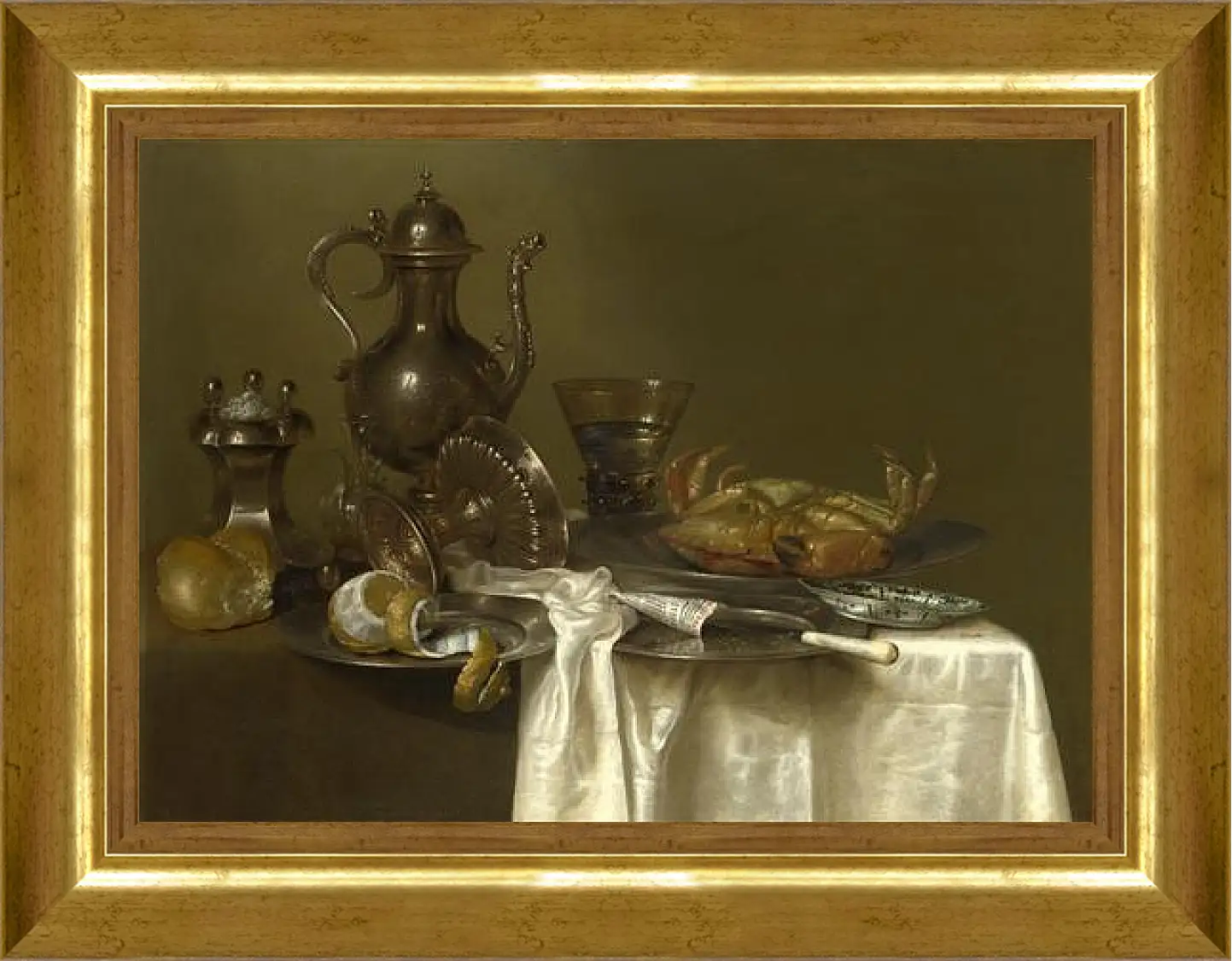 Картина в раме - Still Life: Pewter and Silver Vessels and a Crab. Натюрморт - оловянная посуда, серебряные сосуды и краб. Виллем Клас Хеда