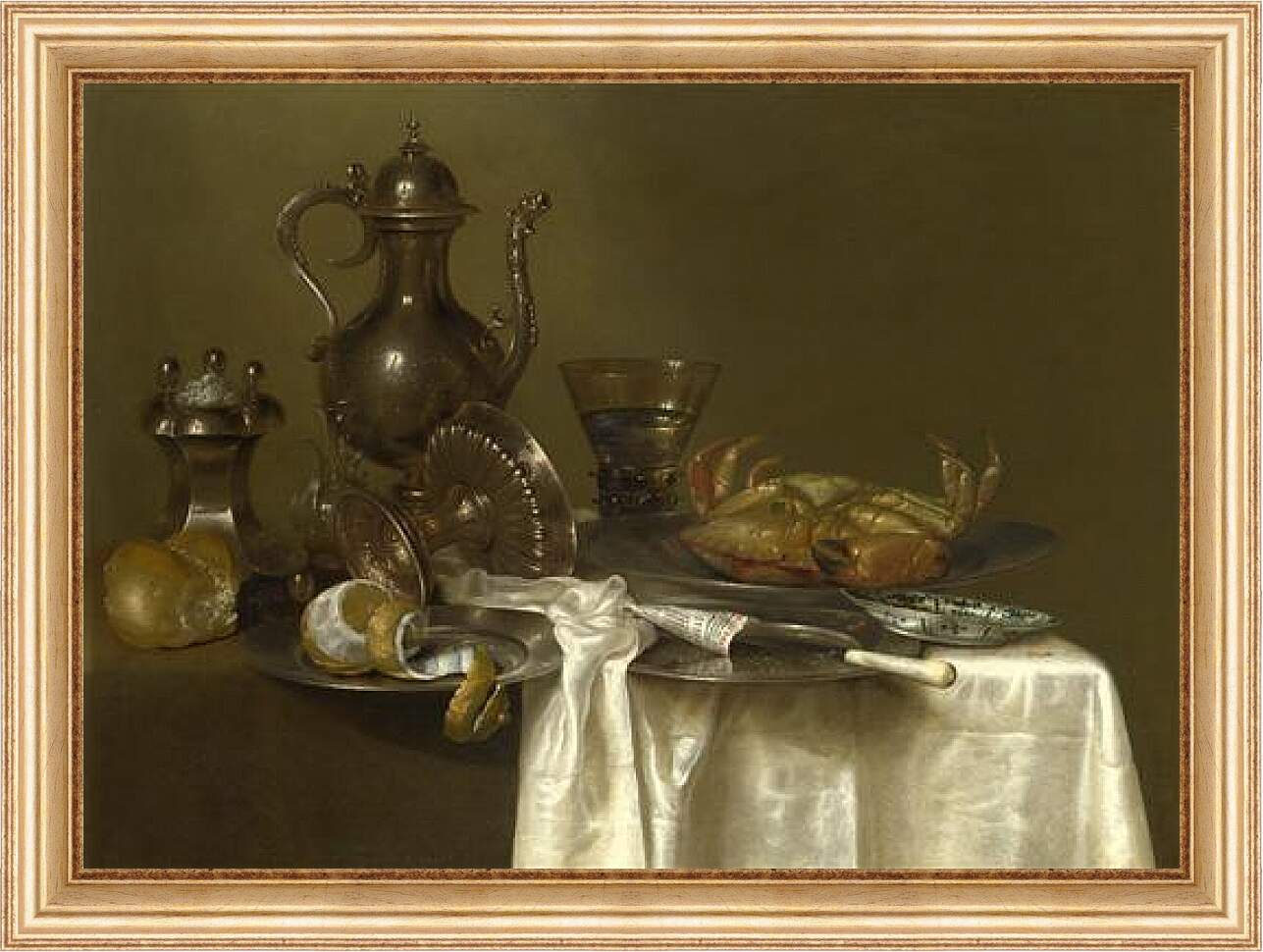 Картина в раме - Still Life: Pewter and Silver Vessels and a Crab. Натюрморт - оловянная посуда, серебряные сосуды и краб. Виллем Клас Хеда