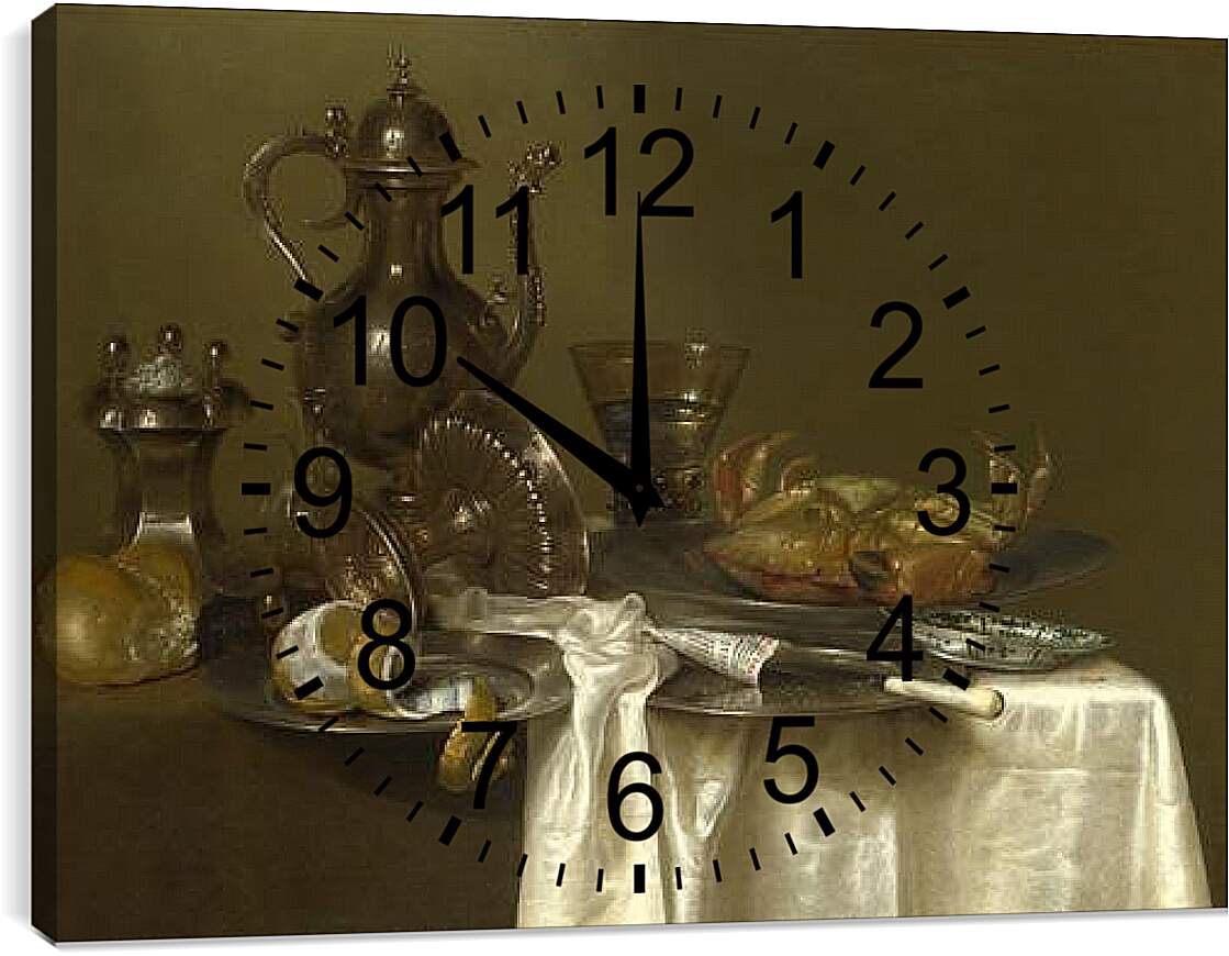 Часы картина - Still Life: Pewter and Silver Vessels and a Crab. Натюрморт - оловянная посуда, серебряные сосуды и краб. Виллем Клас Хеда