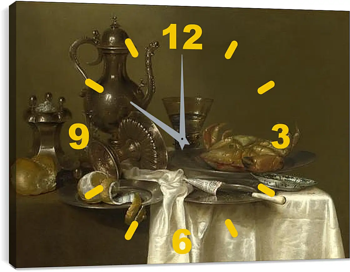Часы картина - Still Life: Pewter and Silver Vessels and a Crab. Натюрморт - оловянная посуда, серебряные сосуды и краб. Виллем Клас Хеда