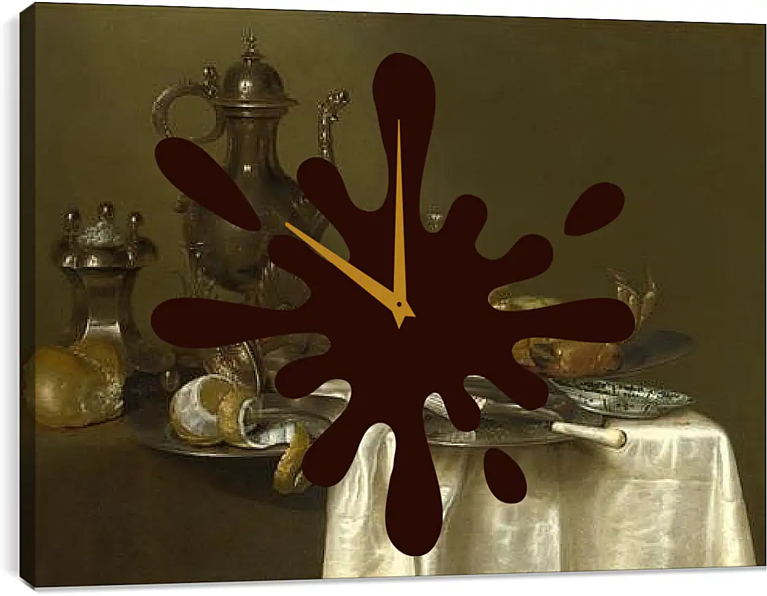 Часы картина - Still Life: Pewter and Silver Vessels and a Crab. Натюрморт - оловянная посуда, серебряные сосуды и краб. Виллем Клас Хеда