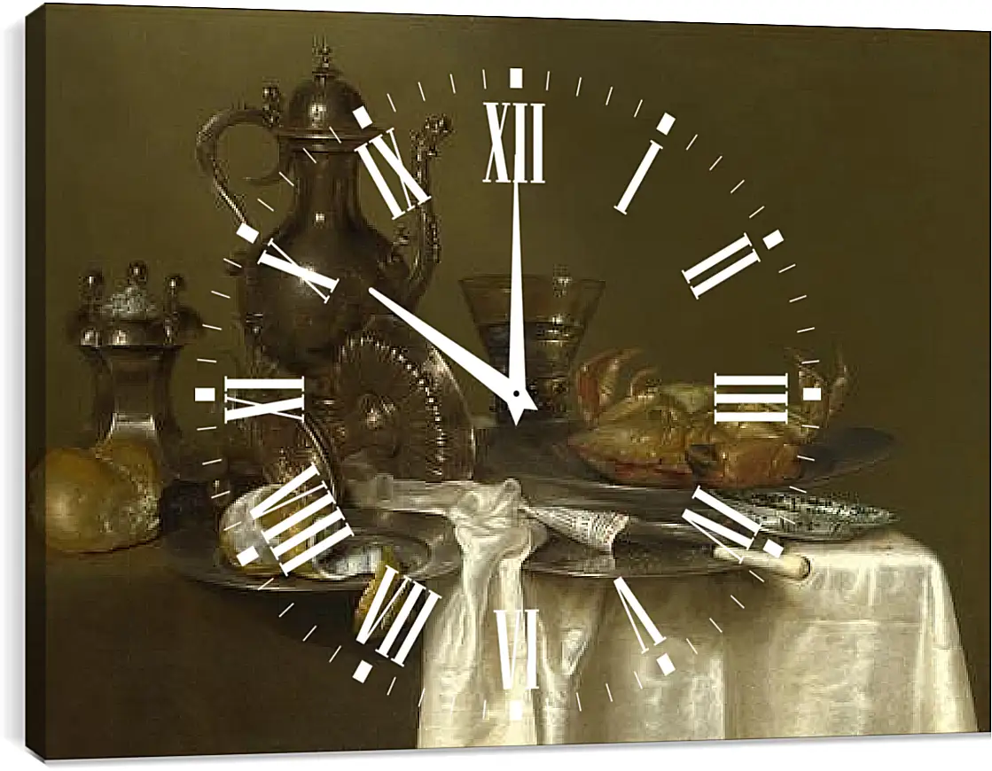Часы картина - Still Life: Pewter and Silver Vessels and a Crab. Натюрморт - оловянная посуда, серебряные сосуды и краб. Виллем Клас Хеда