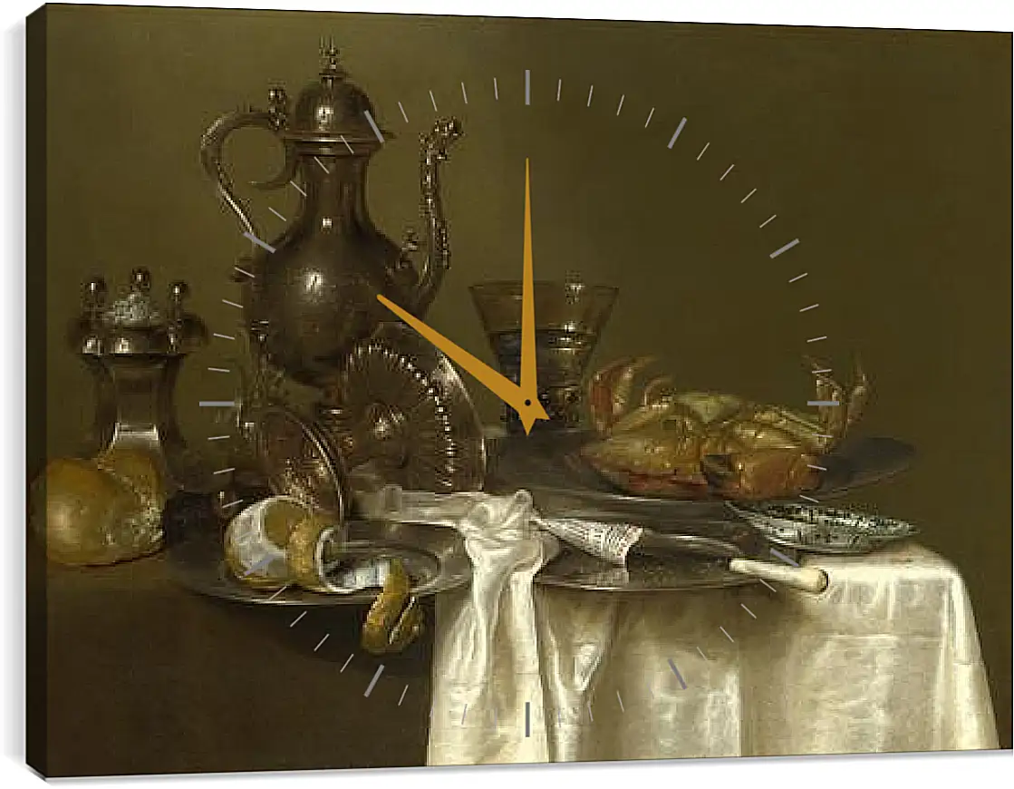 Часы картина - Still Life: Pewter and Silver Vessels and a Crab. Натюрморт - оловянная посуда, серебряные сосуды и краб. Виллем Клас Хеда