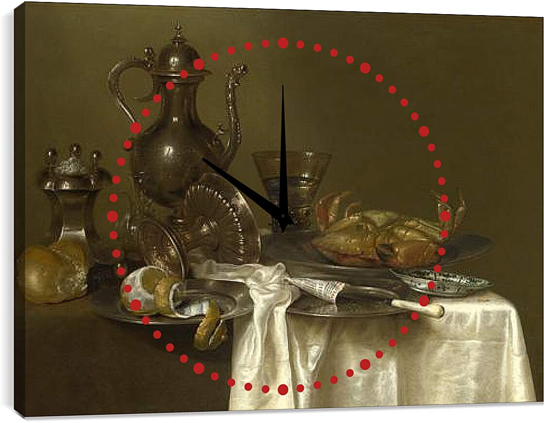 Часы картина - Still Life: Pewter and Silver Vessels and a Crab. Натюрморт - оловянная посуда, серебряные сосуды и краб. Виллем Клас Хеда