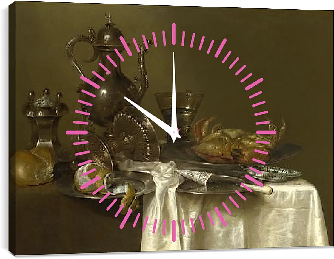 Часы картина - Still Life: Pewter and Silver Vessels and a Crab. Натюрморт - оловянная посуда, серебряные сосуды и краб. Виллем Клас Хеда