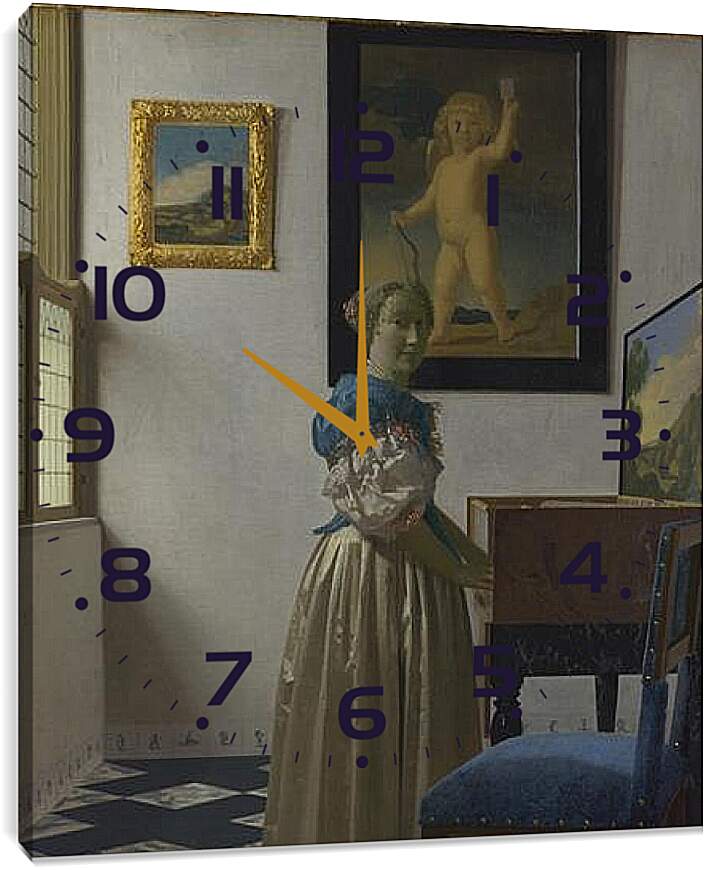 Часы картина - A Young Woman standing at a Virginal. Ян (Йоханнес) Вермеер