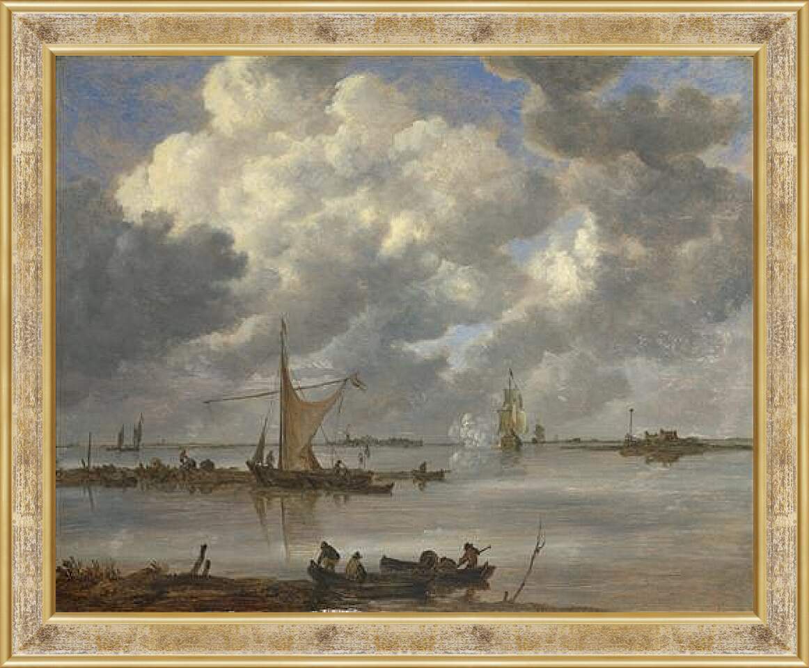 Картина в раме - An Estuary with Fishing Boats and Two Frigates. Ян ван Гойен
