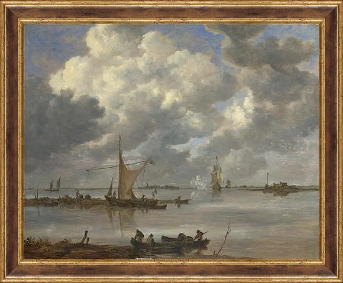 Картина в раме - An Estuary with Fishing Boats and Two Frigates. Ян ван Гойен