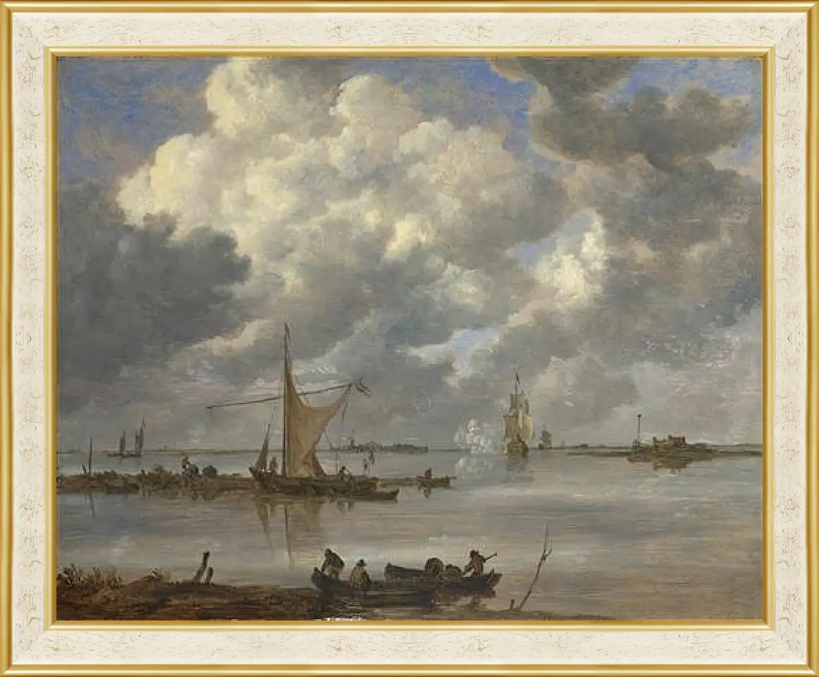 Картина в раме - An Estuary with Fishing Boats and Two Frigates. Ян ван Гойен