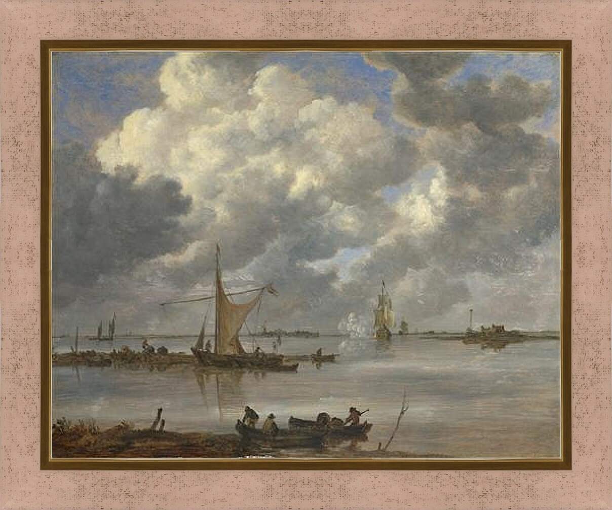 Картина в раме - An Estuary with Fishing Boats and Two Frigates. Ян ван Гойен