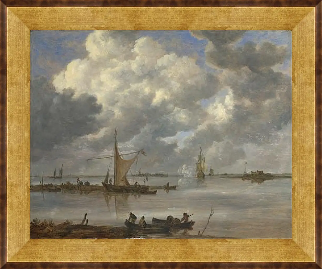 Картина в раме - An Estuary with Fishing Boats and Two Frigates. Ян ван Гойен