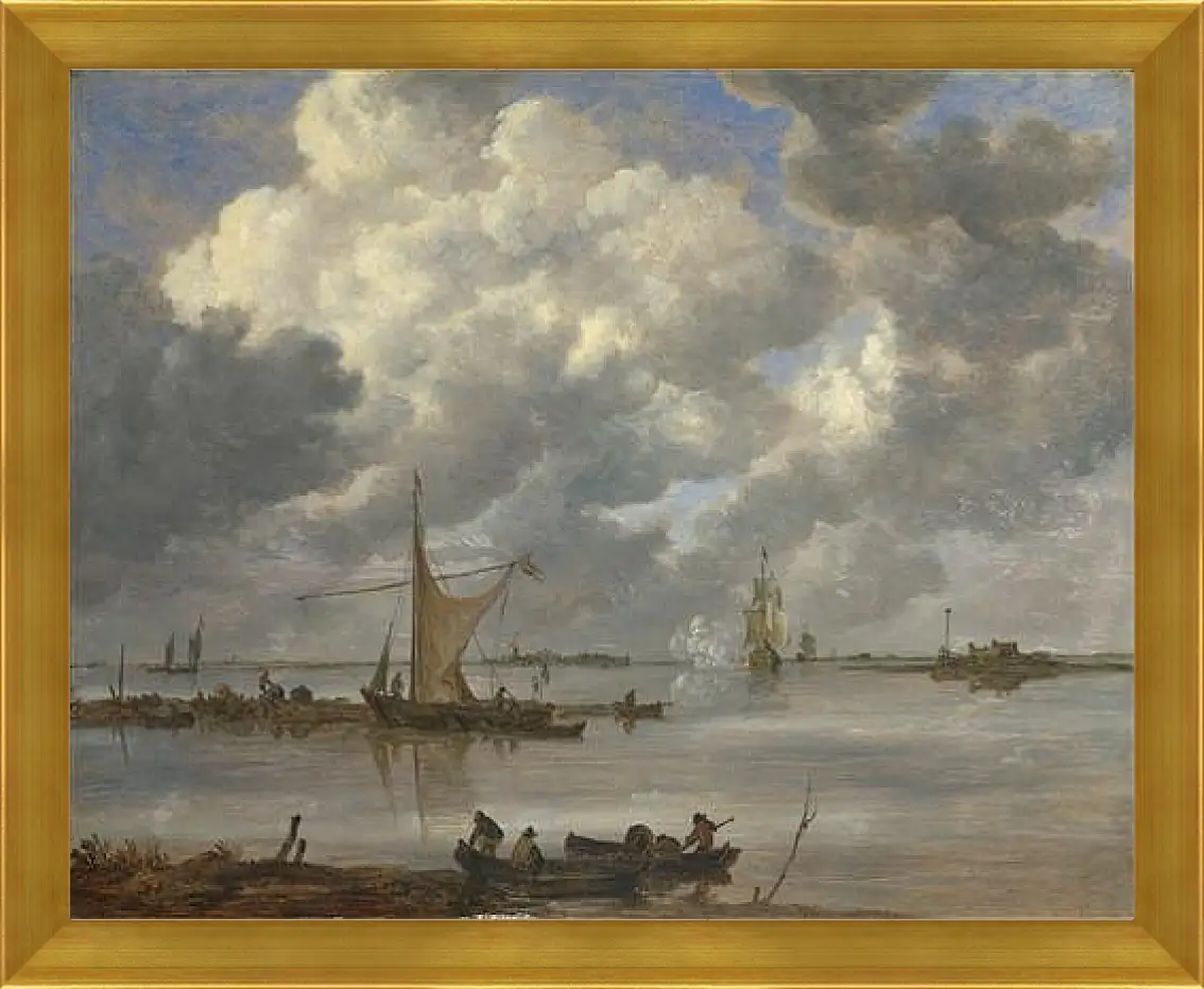 Картина в раме - An Estuary with Fishing Boats and Two Frigates. Ян ван Гойен