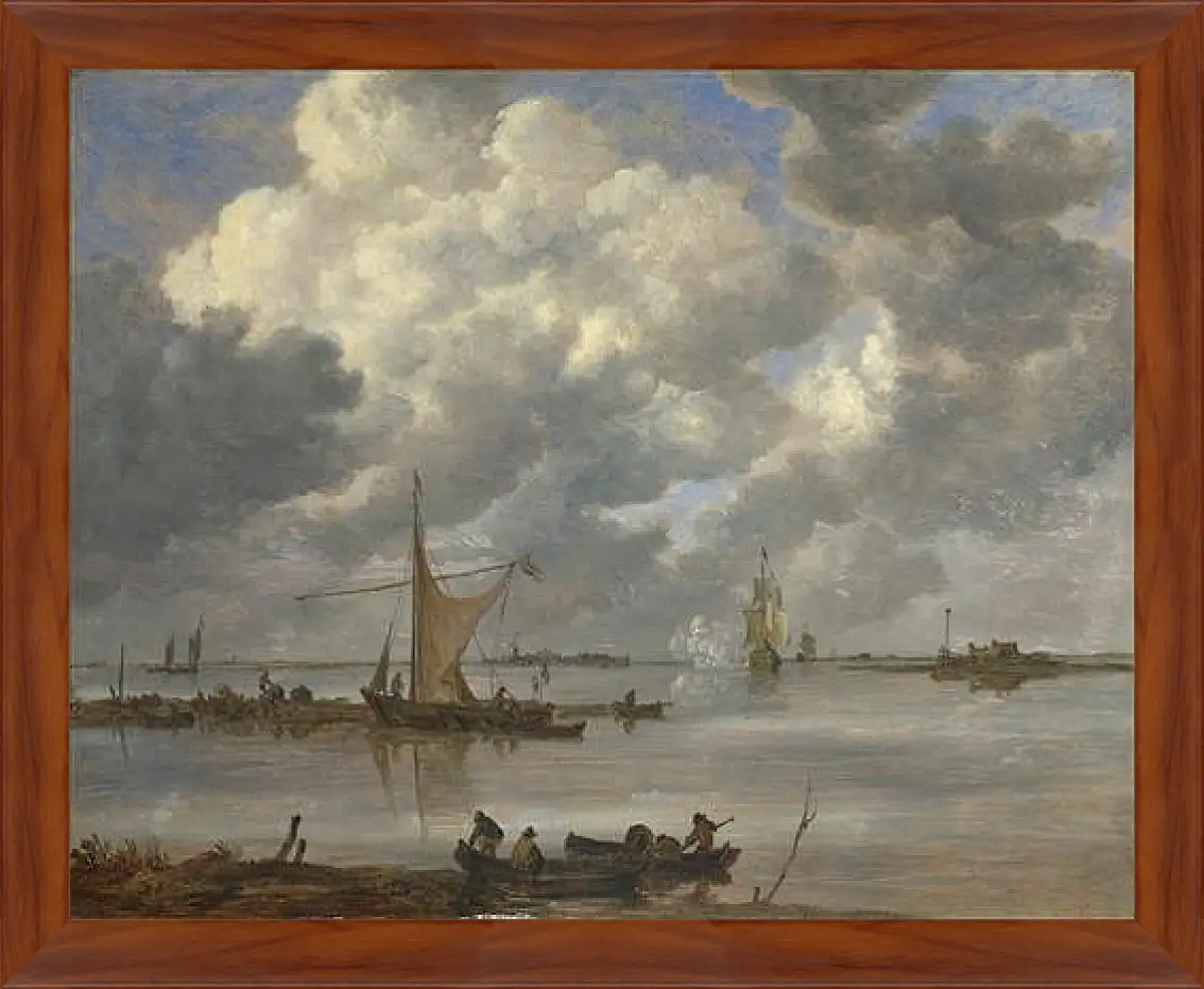 Картина в раме - An Estuary with Fishing Boats and Two Frigates. Ян ван Гойен