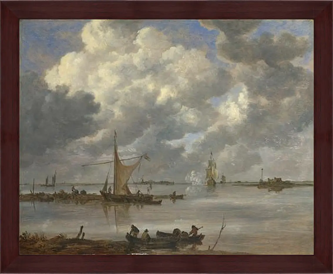 Картина в раме - An Estuary with Fishing Boats and Two Frigates. Ян ван Гойен