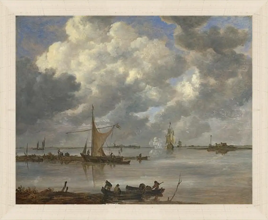 Картина в раме - An Estuary with Fishing Boats and Two Frigates. Ян ван Гойен