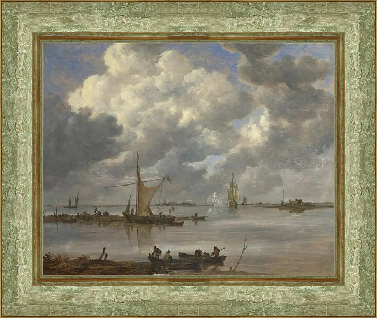 Картина в раме - An Estuary with Fishing Boats and Two Frigates. Ян ван Гойен