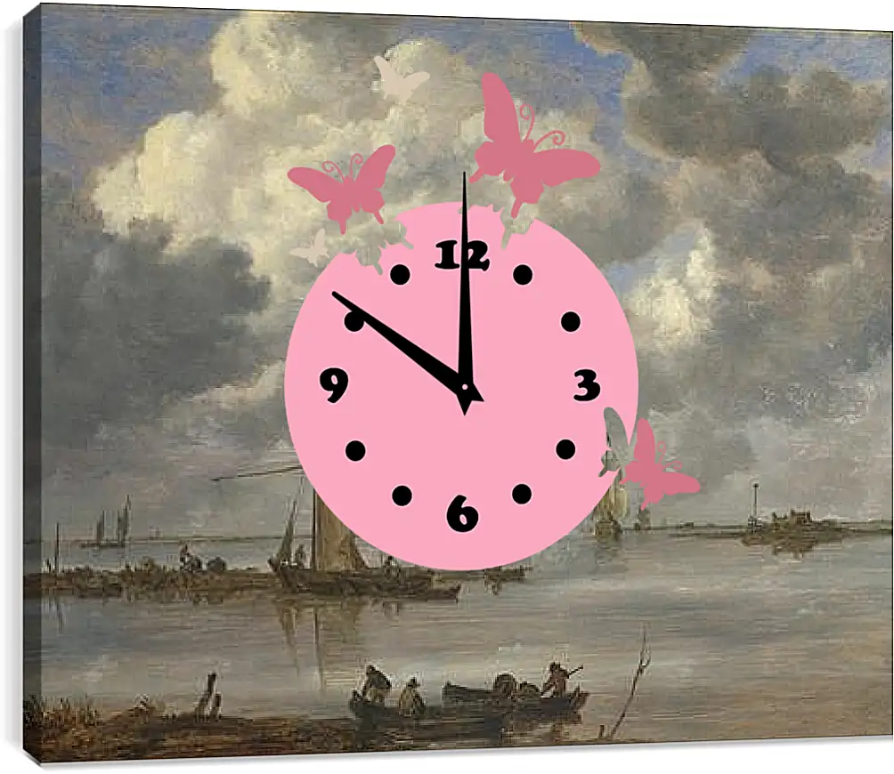Часы картина - An Estuary with Fishing Boats and Two Frigates. Ян ван Гойен
