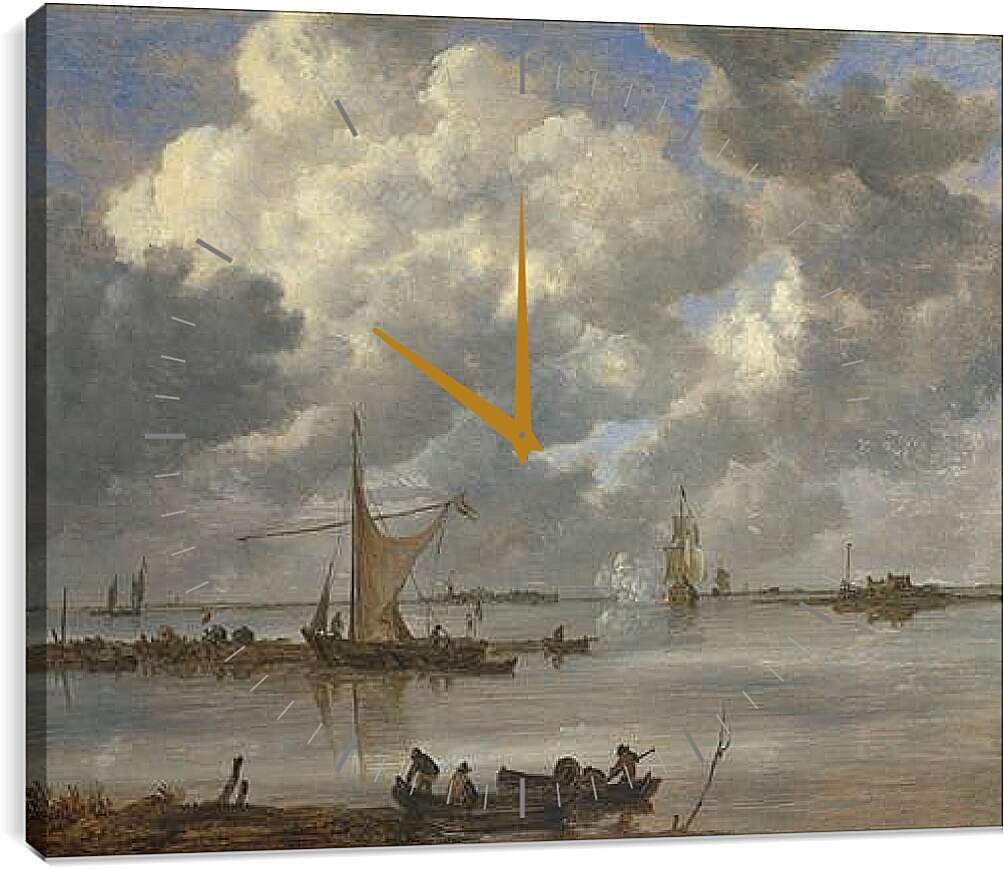 Часы картина - An Estuary with Fishing Boats and Two Frigates. Ян ван Гойен