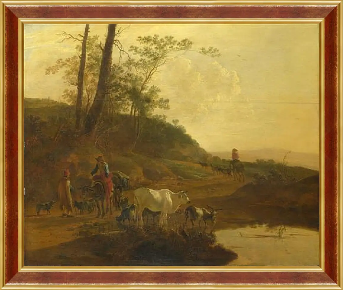 Картина в раме - Men with an Ox and Cattle by a Pool. Ян Бот