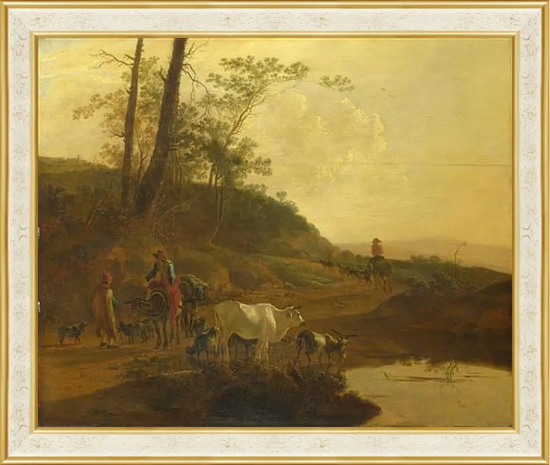 Картина в раме - Men with an Ox and Cattle by a Pool. Ян Бот