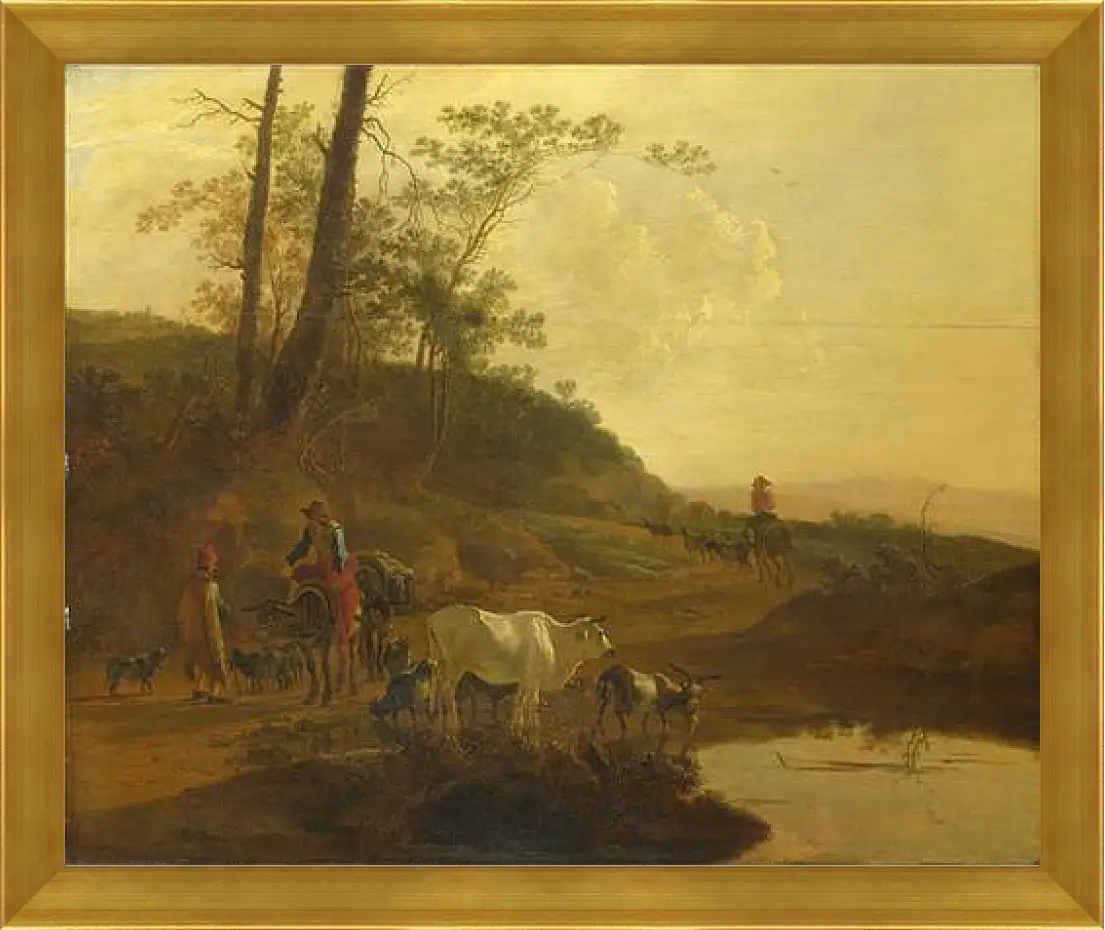 Картина в раме - Men with an Ox and Cattle by a Pool. Ян Бот