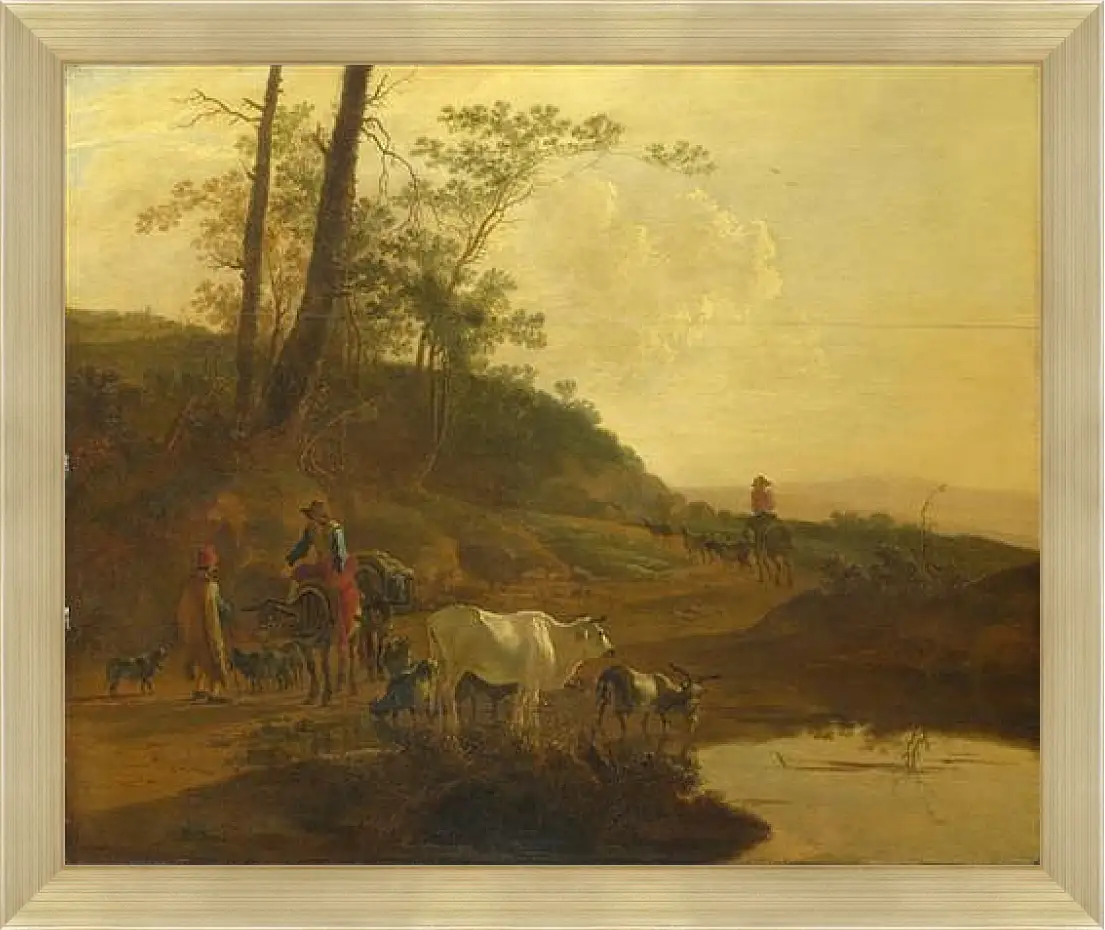 Картина в раме - Men with an Ox and Cattle by a Pool. Ян Бот